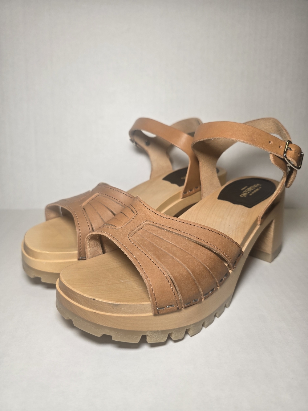 Swedish Hasbeens Tan Leather Platform Sandals with Ankle Strap